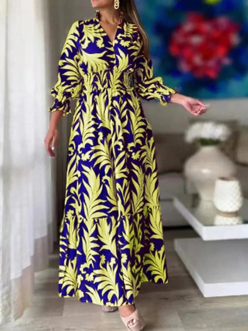 Printed Flounce Sleeve Maxi Dress - VILLA FASHION